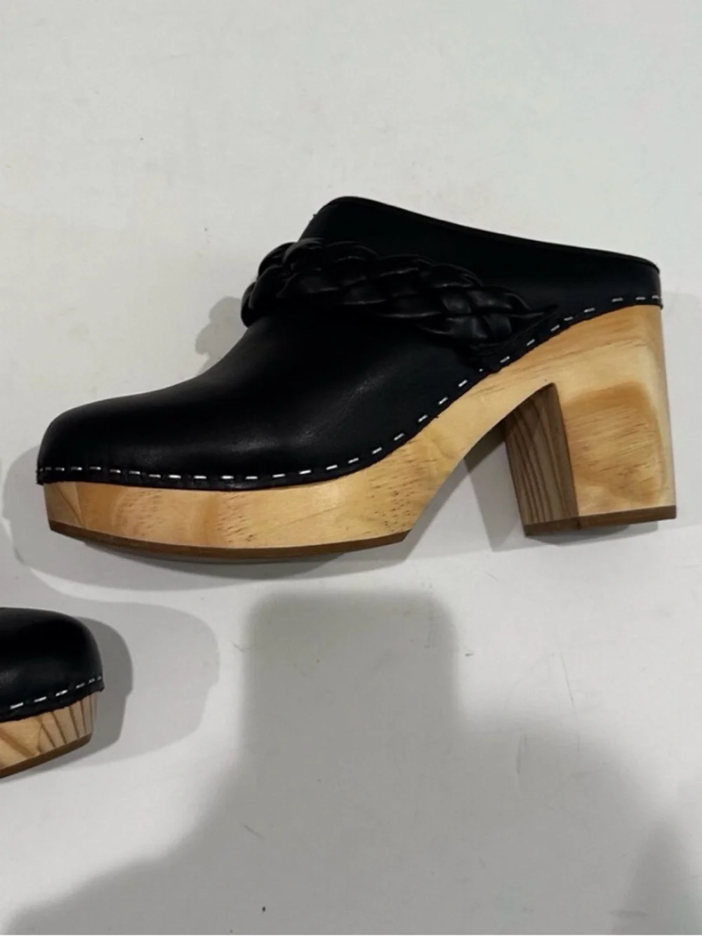 Dolce Vita Black Leather Braided Clog Mules with Wooden Platform Shoes NWOT - Picture 9 of 15